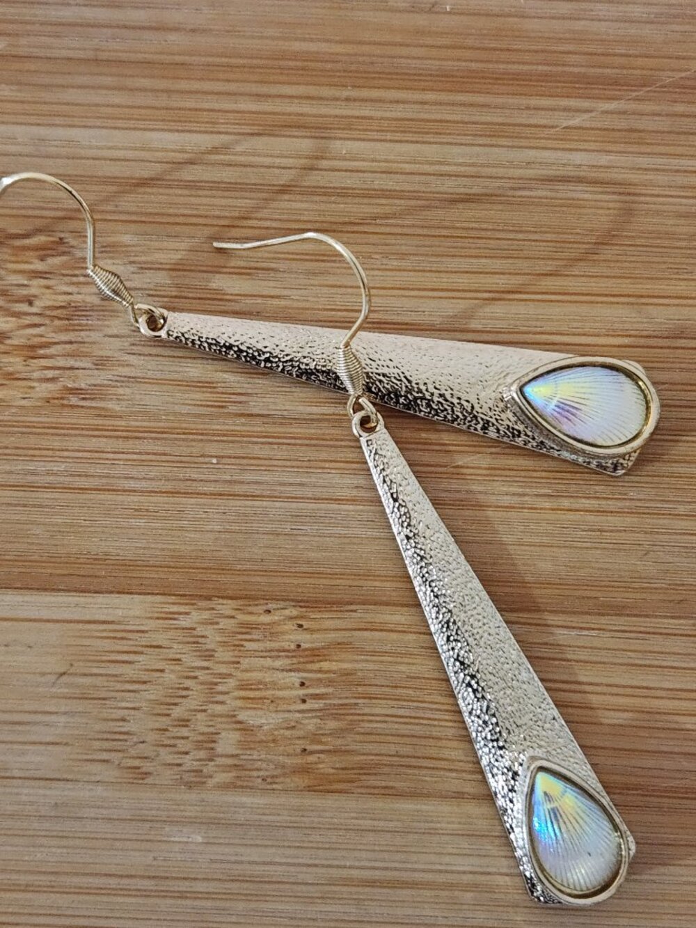 Hand Crafted Iridescent Gold Teardrop Long Dangle Earrings - Picture 3 of 5